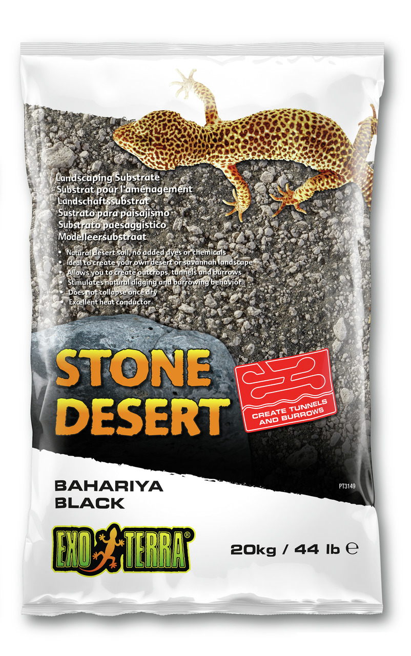 Exo Terra Stone Desert Bahariya Black, Substrat für Reptilien, 20 kg, fördert Grab--Tunnelverhalten, für Wüsten--Savannen-Terrarien.