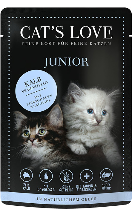 Sparpaket 12 x 85 g Cat's Love Junior Kalb pur mit Eierschalen & Lachsöl Katzen Nassfutter