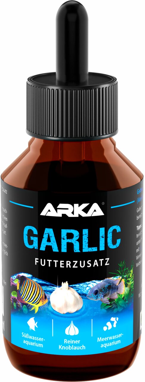 ARKA Garlic Futterzusatz für Süß- und Meerwasseraquarien, reiner Knoblauch für Zierfische, Flasche mit Pipette.
