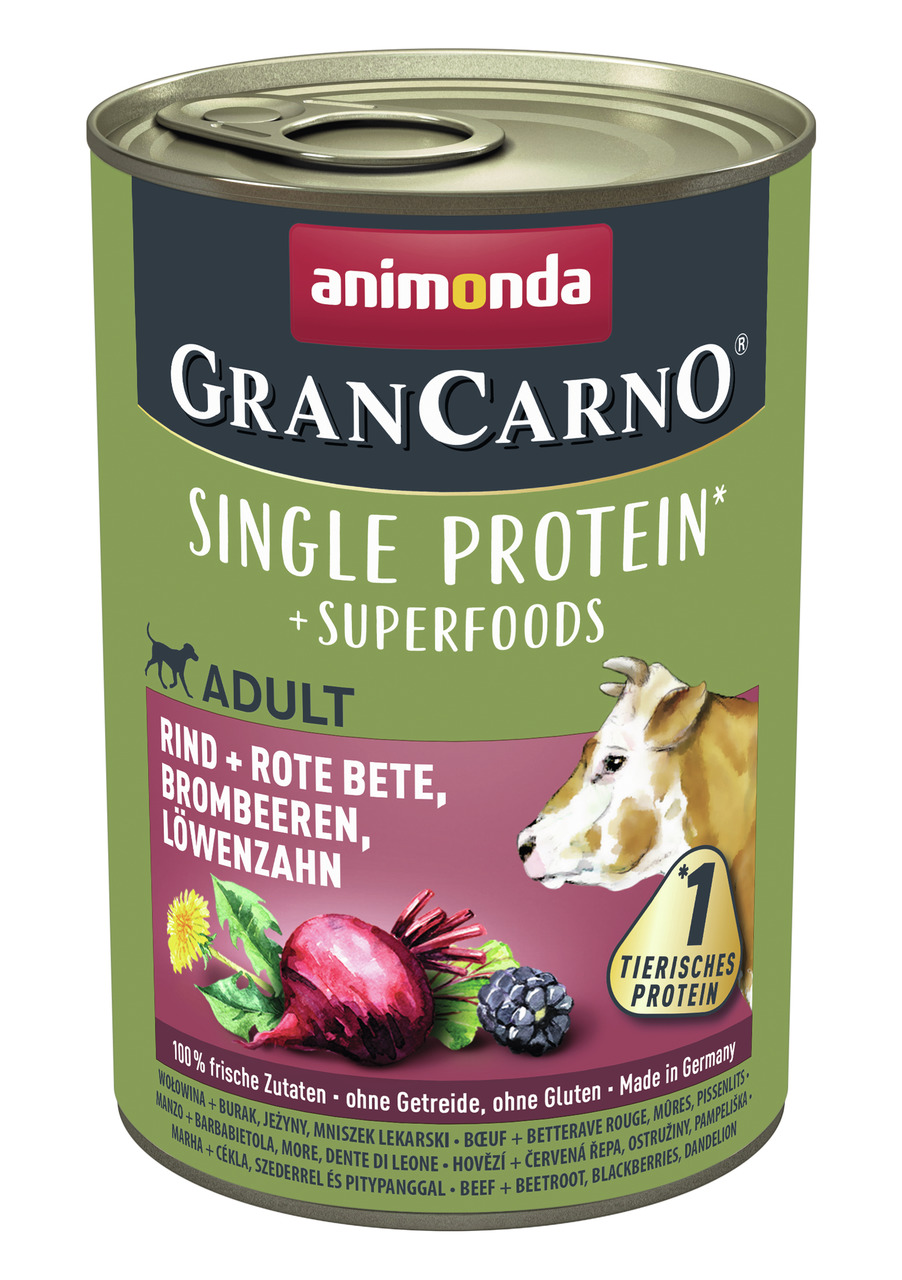 animonda GranCarno Single Protein+Superfoods, Adult, Rind m. Roter Bete, Brombeeren & Löwenzahn, 100% frisch, ohne Getreide, 400 g.