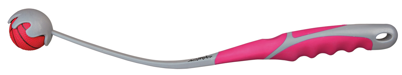 TRIXIE Ballwerfer für Hunde, ergonom. Griff (Grau/Pink), inkl. robustem roten Ball, ideal für Apportierspiele & Outdoor, Spielzeug.