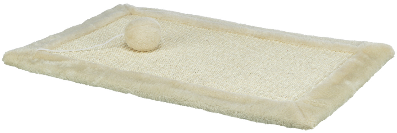 Beige Kratzmatte von TRIXIE für Katzen, ideal zur Krallenpflege und Beschäftigung. Mit weichem Plüschrand und integrierter Spielkugel an einer Schnur. Perfekt für Katzen jeden Alters. Maße und Gewicht nicht erkennbar. Praktisches Zubehör für ein gesundes 