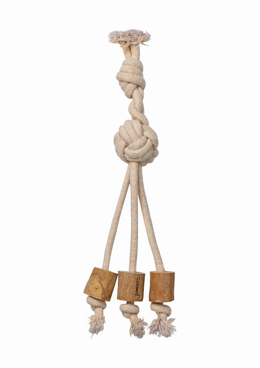 Quapas Hundespielzeug: Baumwollseil mit 3 Holz-Würfeln, für alle Hunde, ideal für Kau-/Zerrspiele, Zahnpflege, langlebig.