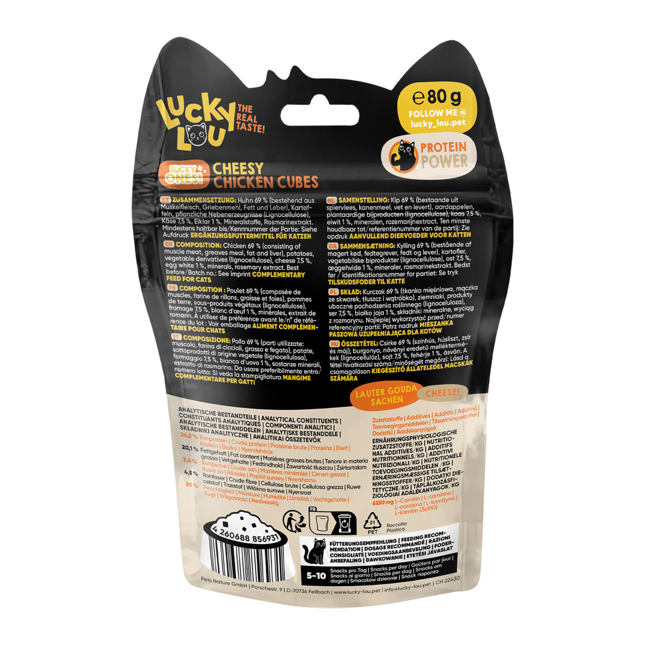 Lucky Lou Cheesy Chicken Cubes, Katzensnack, Huhn & Gouda, hoher Proteingehalt, 80 g, Ergänzungsfuttermittel.