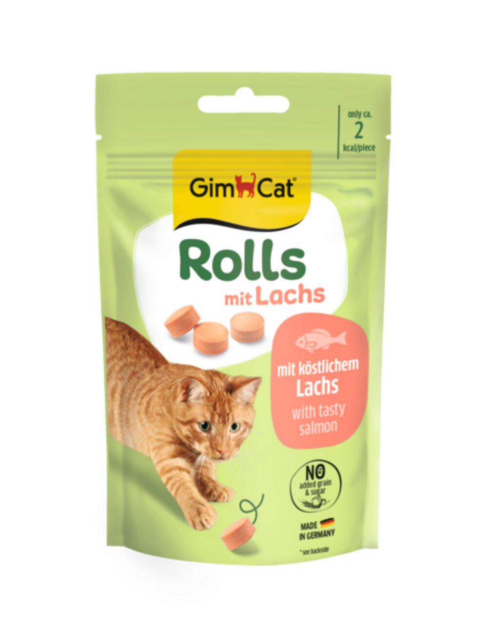 GimCat Rolls mit Lachs für Katzen, alle Altersgruppen, ohne Getreide-Zuckerzusatz, 40 g, köstlicher Lachs, hergestellt in Deutschland.