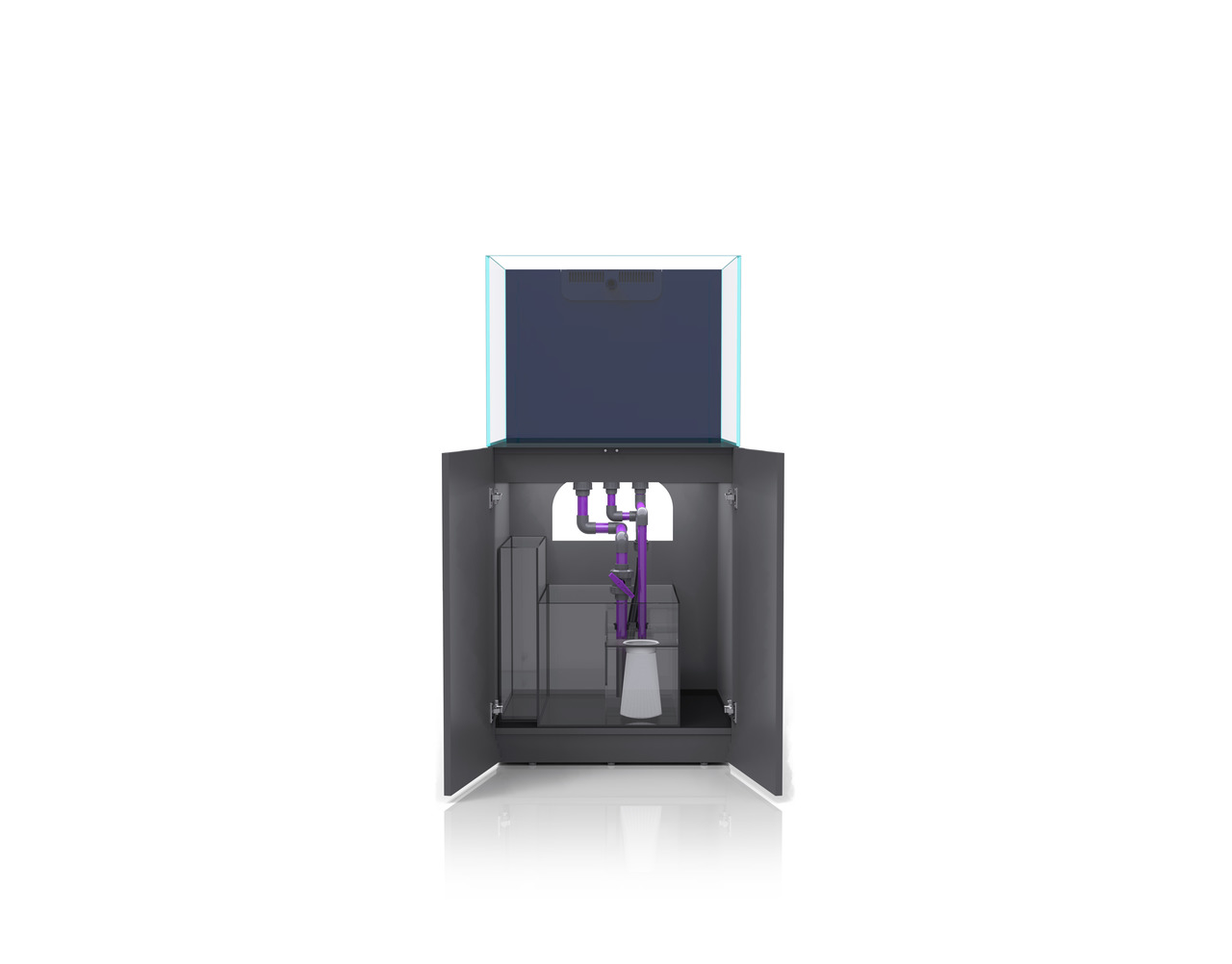 Nyos® OPUS G2 Aquarium-System: Komplettaquarium für Meerwasserliebhaber, modernes Design, Technikbecken, lila Rohre, Abschäumer.