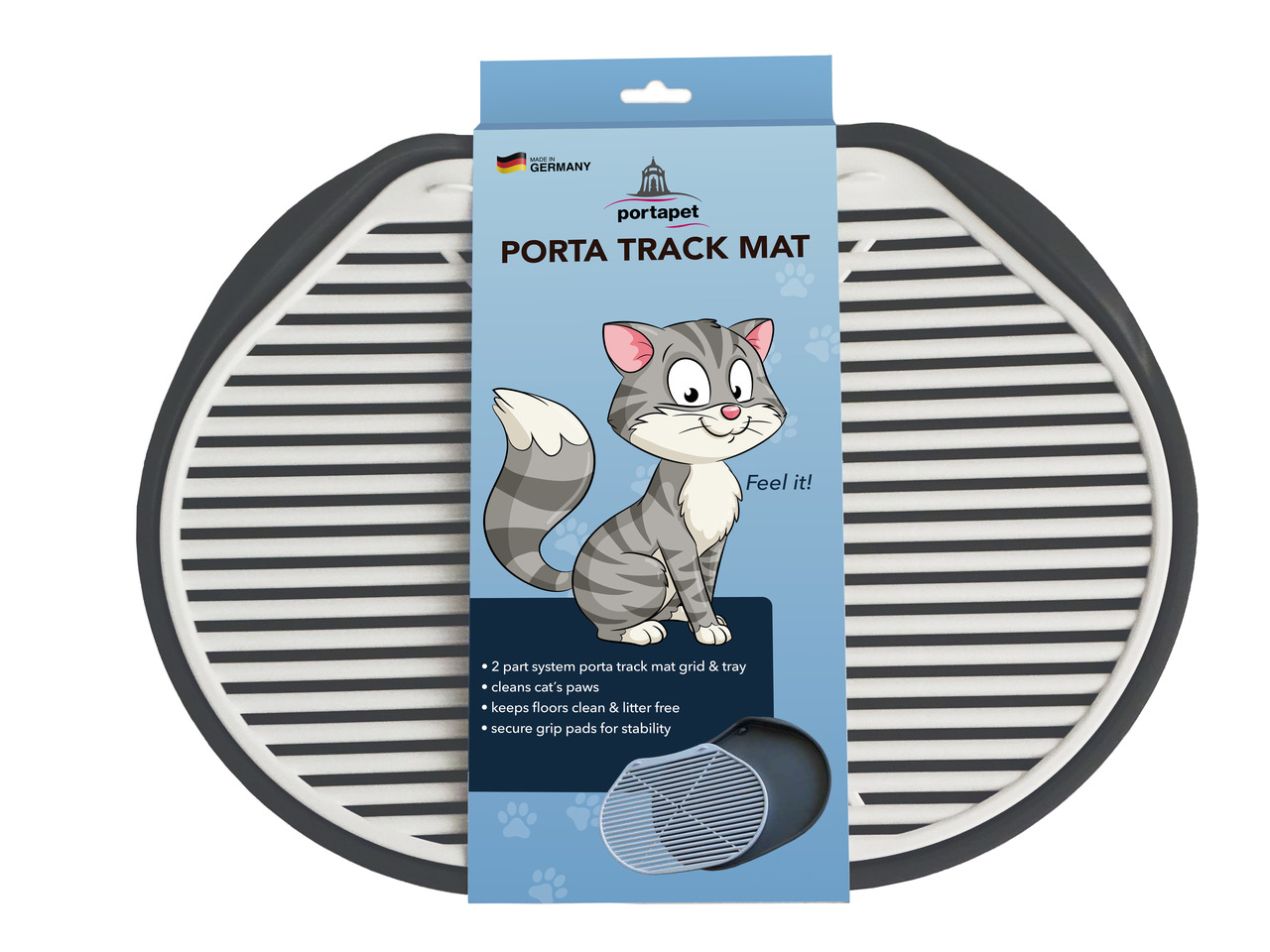 PORTA Track Mat von portapet: runde Katzenmatte (Grau-Weiß), 2-lagig (Gitter+Auffangschale), reinigt Pfoten, hält Böden sauber.