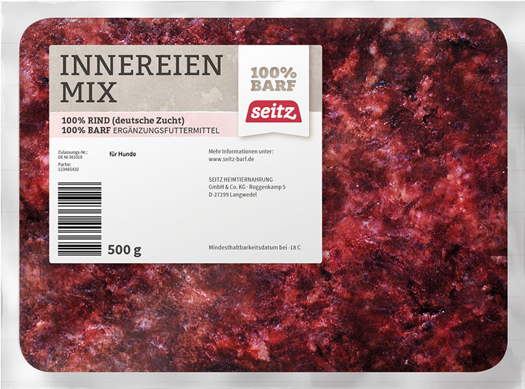 Seitz Innereien Mix, Ergänzungsfutter für Hunde, 100 % Rind, BARF-geeignet, 500 g tiefgefroren.