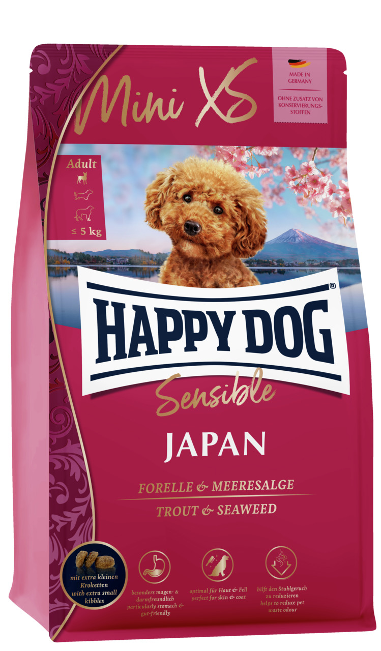 Happy Dog Mini XS Sensible Japan Forelle & Meeresalge Adult Hunde Trockenfutter 1,3 kg