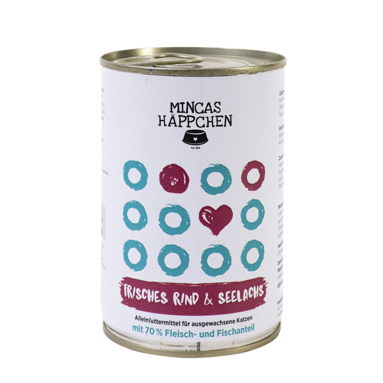 MINCAS HÄPPCHEN Katzenfutter, Frisches Rind & Seelachs, Alleinfutter f. ausgew. Katzen, 70 % Fleisch-Fisch, weiße Dose m. Herzmotiv.