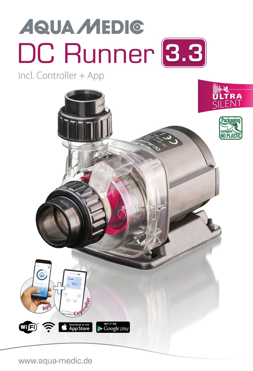 Aqua Medic DC Runner 3.3: leise Aquarienpumpe mit Controller & App, für Süß-/Meerwasser, plastikfreie Verpackung.