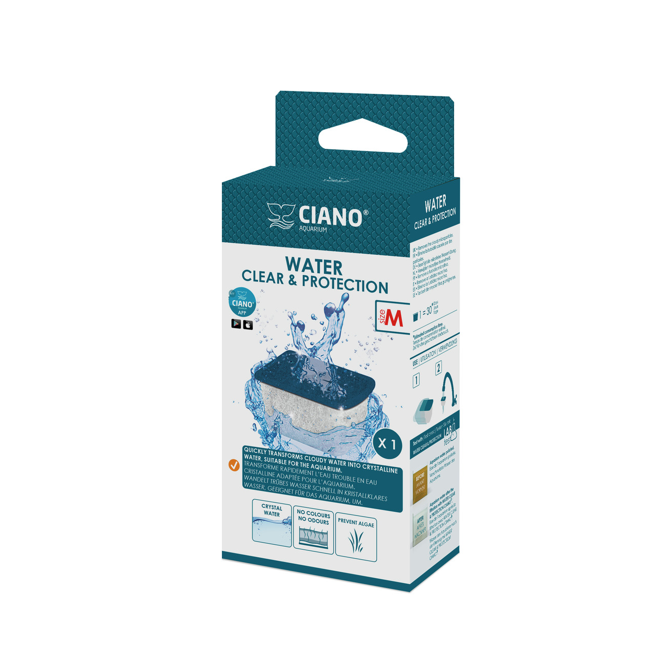 Das Bild zeigt die Verpackung des Produkts „Ciano Water Clear & Protection“ der Marke Ciano, geeignet für Aquarienbesitzer. Es handelt sich um einen Wasserfiltereinsatz der Größe M, der trübes Wasser in kristallklares Wasser verwandelt, Gerüche reduziert 