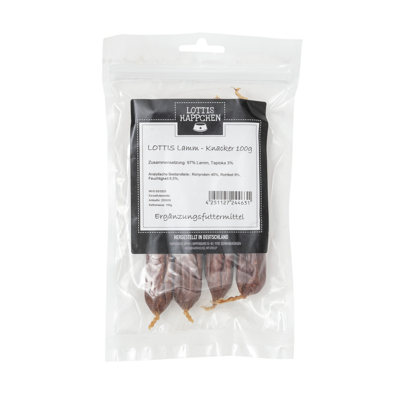 LOTTIS HÄPPCHEN Lamm-Knacker, Ergänzungsfuttermittel für Hunde, 97 % Lamm, 3 % Tapioka, 4 Würste, 100g.