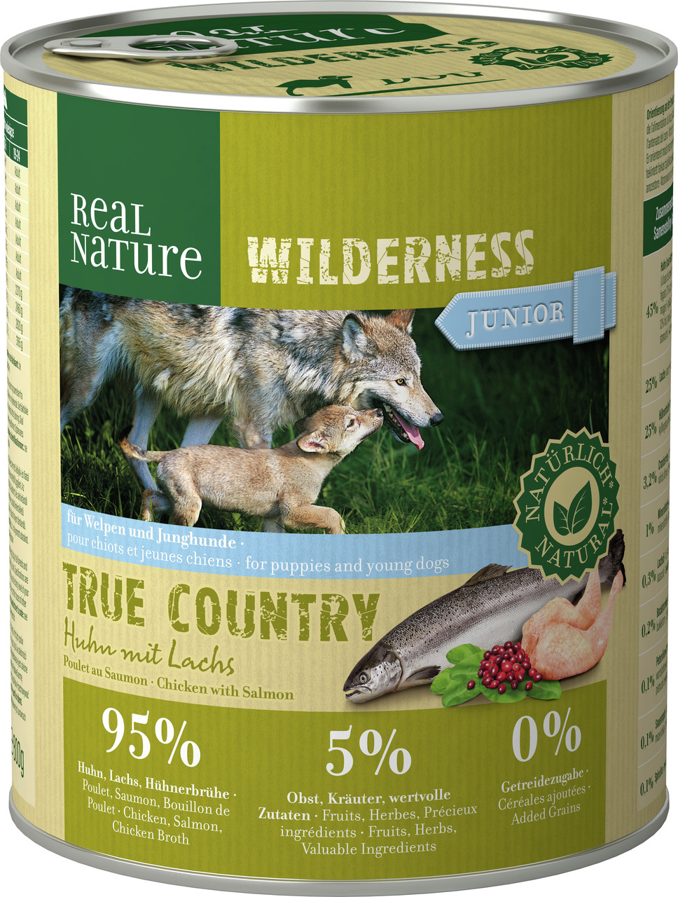 REAL NATURE WILDERNESS Junior True Country, Welpen-Junghunde, Huhn+Lachs, 95% Fleisch, 0% Getreide, 400 g, naturnahe Ernährung.