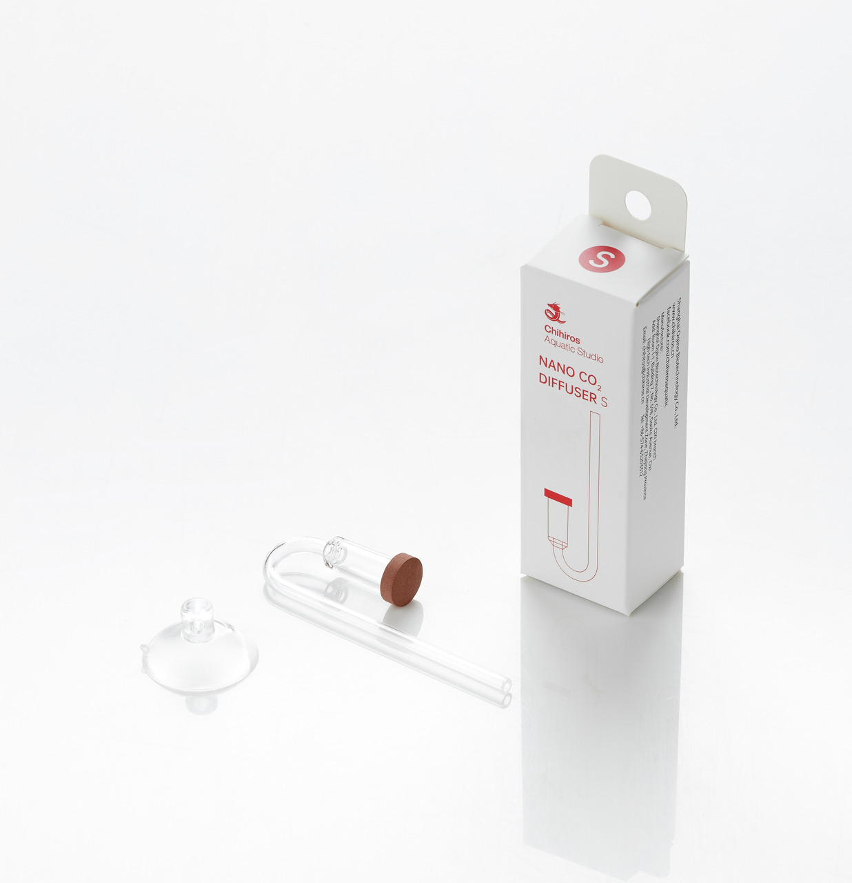 Chihiros Nano CO2 Diffuser S: Zubehör für Aquarien, CO2-Diffusion, Glasdiffusor mit Keramikeinsatz, Saugnapf, Verpackung inkl. Logo.