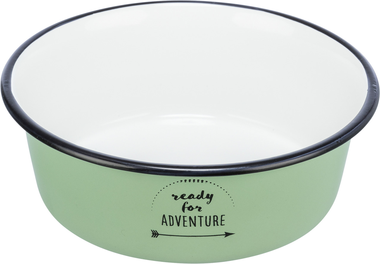 Grünes Futternapf von TRIXIE mit der Aufschrift „ready for adventure“. Geeignet für Hunde und Katzen. Hergestellt aus robustem Metall mit weißer Innenbeschichtung und schwarzem Rand. Ideal für Outdoor-Aktivitäten oder den täglichen Gebrauch. EAN: 40479742
