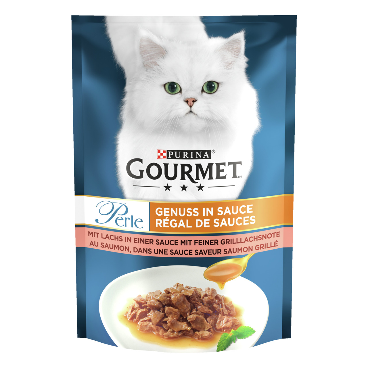 Das Bild zeigt eine Verpackung des Katzenfutters „GOURMET Perle Genuss in Sauce“ von Purina. Es ist speziell für Katzen entwickelt und bietet die Geschmacksrichtung Lachs in einer Sauce mit feiner Grillnote. Die Verpackung enthält 85 g und zeigt eine weiß
