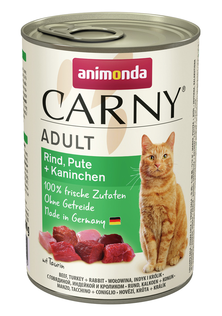Animonda Carny Adult Katzenfutter, Rind/Pute/Kaninchen, für ausgewachsene Katzen, 100% frisch, getreidefrei, 400 g.