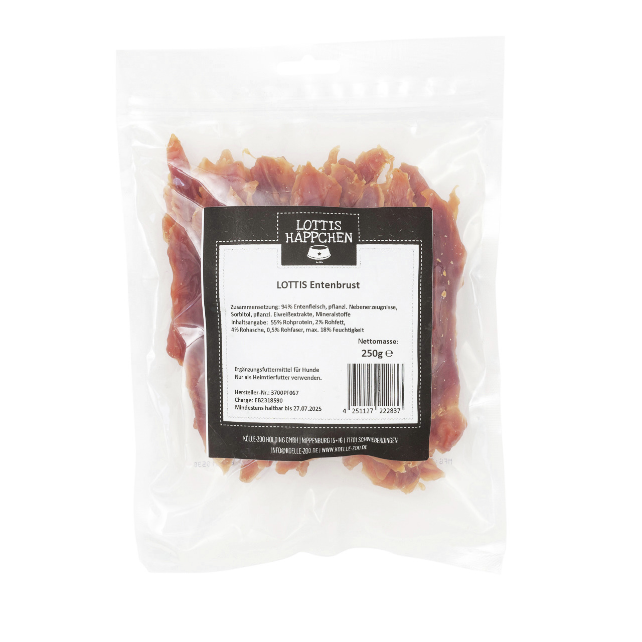 Das Bild zeigt eine transparente Verpackung mit dem Produkt „LOTTIS HÄPPCHEN Entenbrust“, einem Ergänzungsfuttermittel für Hunde. Die Zielgruppe sind Hundehalter, die hochwertige Snacks suchen. Die Geschmacksrichtung ist Ente. Die Verpackung enthält 250 g