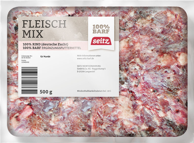 Seitz Fleischmix, Ergänzungsfuttermittel für Hunde, 100 % Rindfleisch, BARF-geeignet, 500 g tiefgefroren, aus deutscher Zucht.