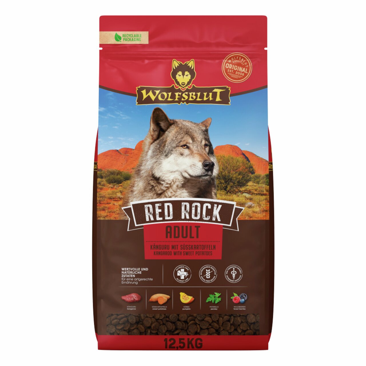 WOLFSBLUT Red Rock Adult, 12,5 kg, getreidefreies Premium-Hundefutter f. erw. Hunde, Kängurufleisch & Süßkartoffeln, allergikerfreundlich.