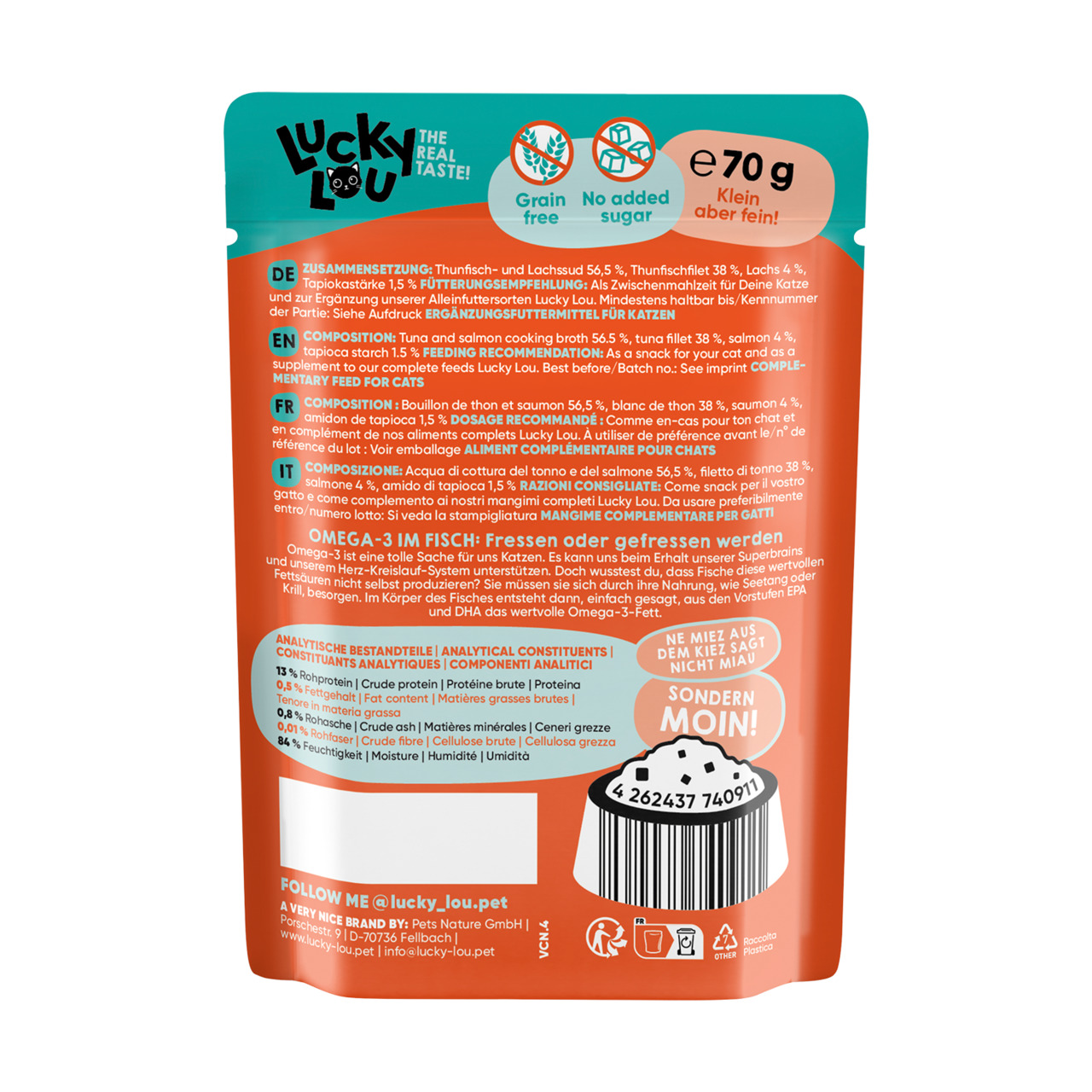 Lucky Lou Katzenfutter, Thunfisch & Lachs, getreidefrei, kein Zuckerzusatz, Omega-3, 70 g.