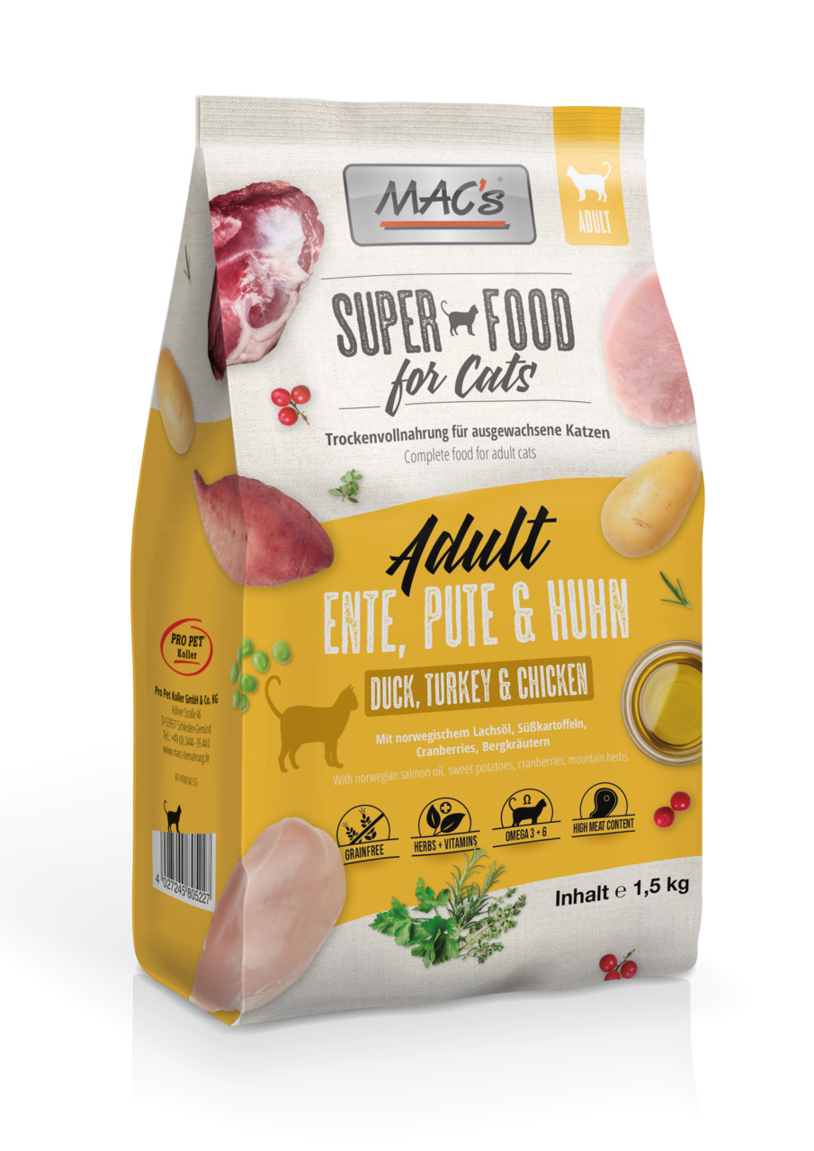 MAC's Superfood Cats, Adult, Ente/Pute/Huhn, Trockenfutter, getreidefrei, Omega-3/-6, 1,5 kg, mit Lachsöl, Süßkartoffeln & Kräutern.