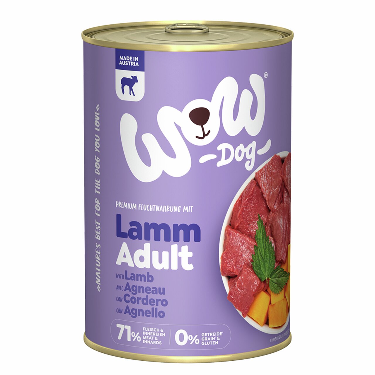 WOW DOG Lamm Adult, Nassfutter für Hunde, Geschmacksrichtung Lamm, 400 g, 71 % Fleisch, getreide- und glutenfrei.