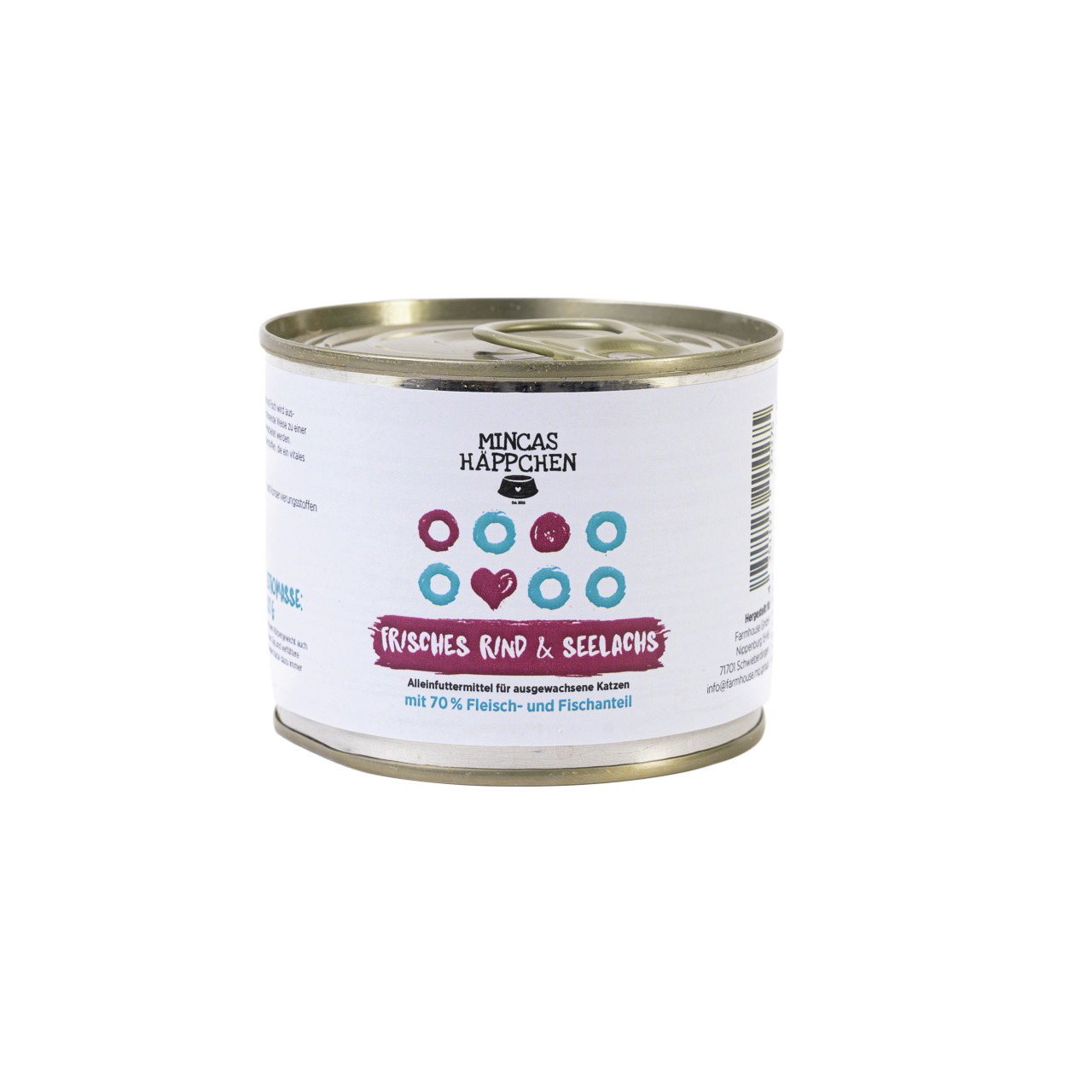 Mincas Häppchen Katzenfutter, Frisches Rind & Seelachs, für ausgewachsene Katzen, 70 % Fleisch-Fisch, moderne Dose mit Herzmotiv.