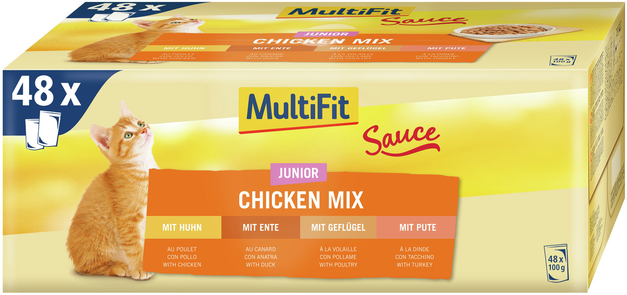 MultiFit Sauce Junior Chicken Mix für junge Katzen: Huhn, Ente, Geflügel, Pute. 48x100g.