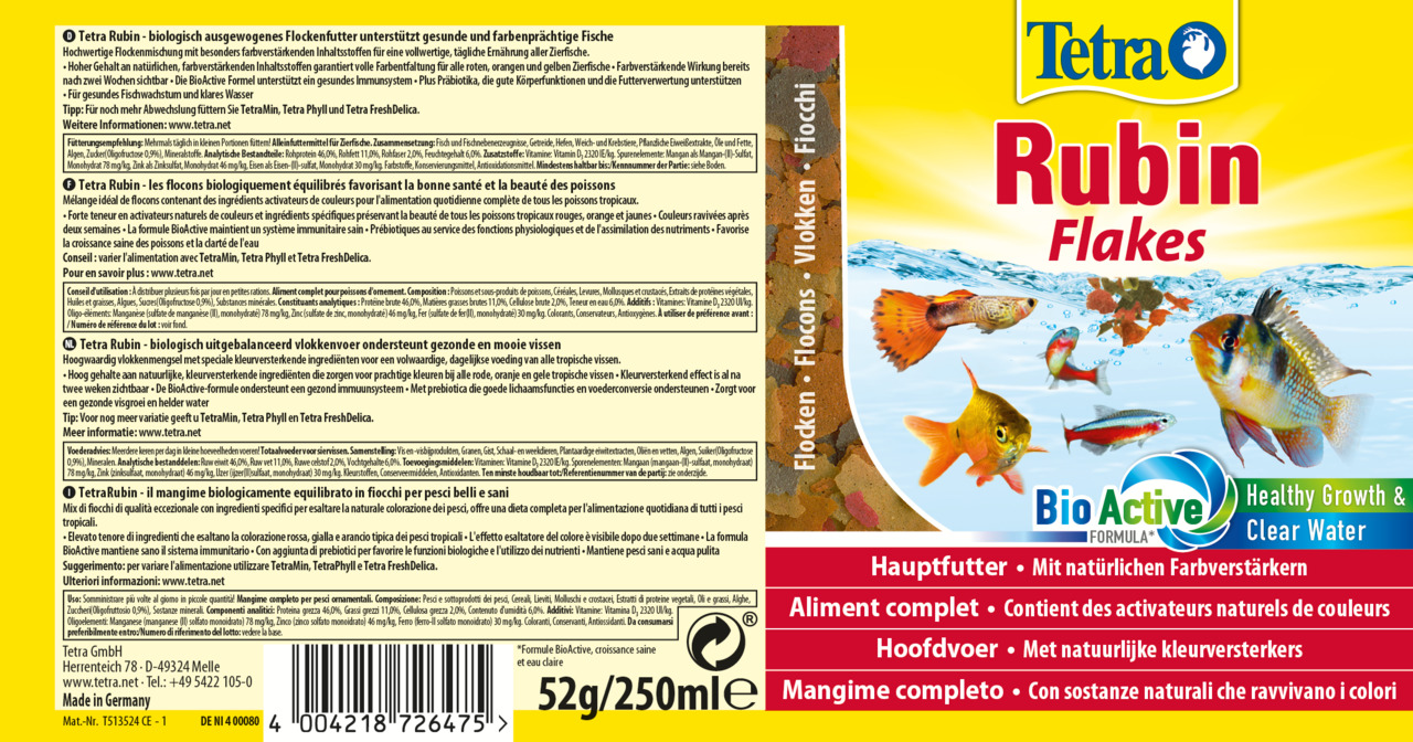 Tetra Rubin Flakes, Hauptfutter für Zierfische, mit Farbverstärkern & BioActive-Formel, 52 g/250 ml, für Wachstum & klares Wasser.