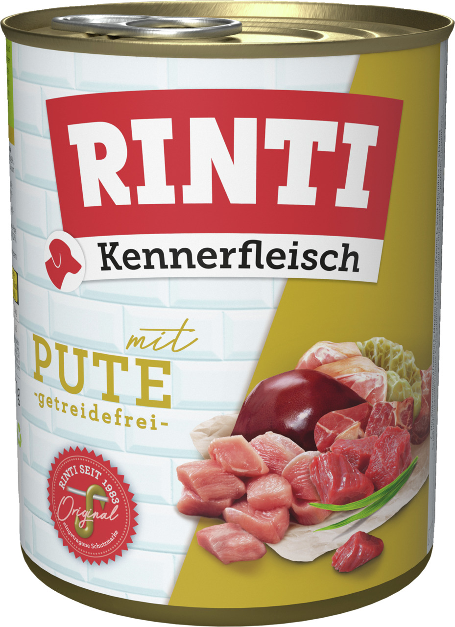 RINTI Kennerfleisch Hundefutter, mit Pute, getreidefrei, frisches Fleisch & Innereien, 800 g.