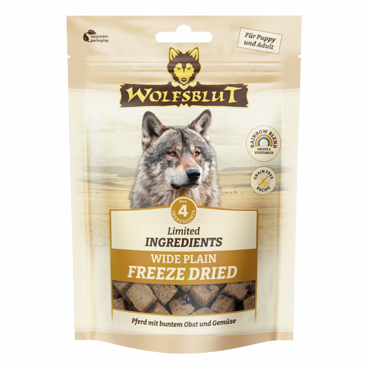 WOLFSBLUT Freeze Dried Wide Plain für Hunde, Geschmacksrichtung Pferd, mit Obst & Gemüse, 4 Zutaten, getreidefrei, 100 g.