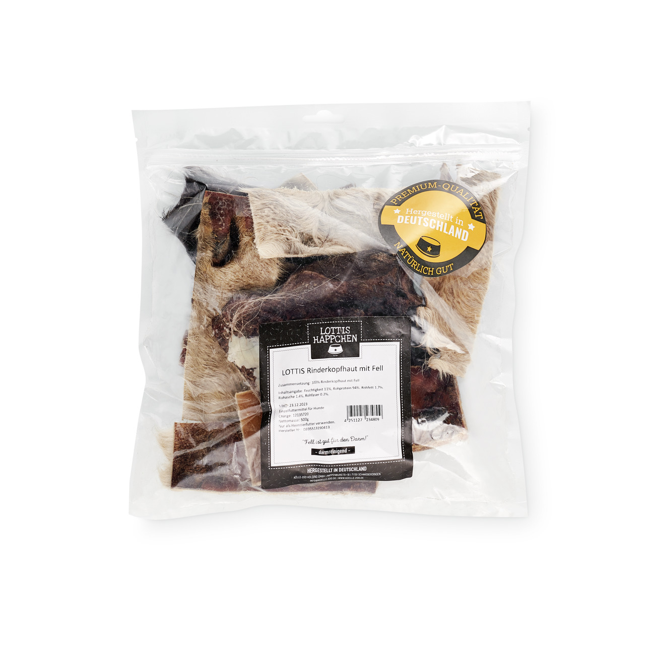 Das Bild zeigt eine transparente Verpackung des Produkts „LOTTIS Häppchen Rinderkopfhaut mit Fell“. Es handelt sich um einen natürlichen Kausnack für Hunde. Die Verpackung enthält 250 g und trägt das Siegel „Hergestellt in Deutschland“ sowie „Premium-Qual
