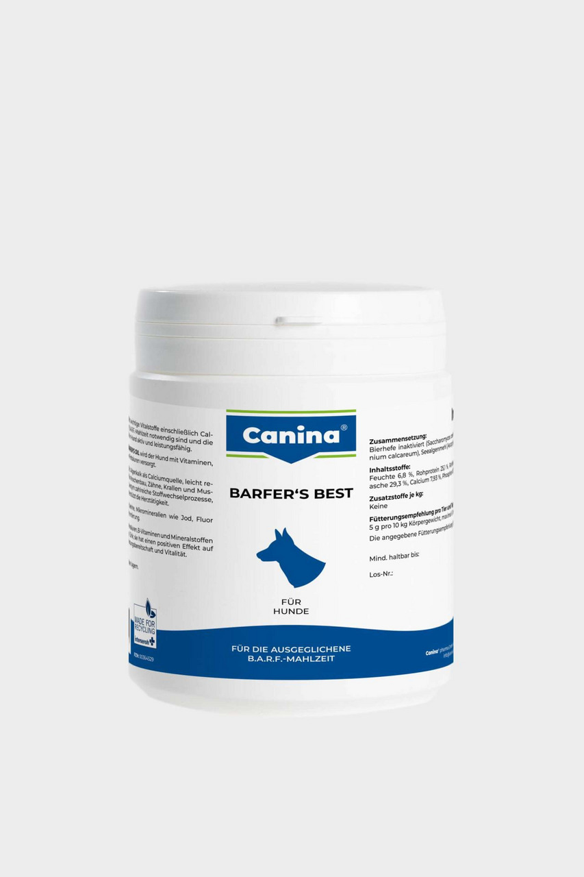 Das Bild zeigt eine weiße Kunststoffdose des Produkts „Canina BARFER'S BEST“ für Hunde. Es handelt sich um ein Nahrungsergänzungsmittel für eine ausgewogene B.A.R.F.-Mahlzeit. Die Verpackung enthält 180 g und hebt die enthaltenen Vitamine und Mineralstoff