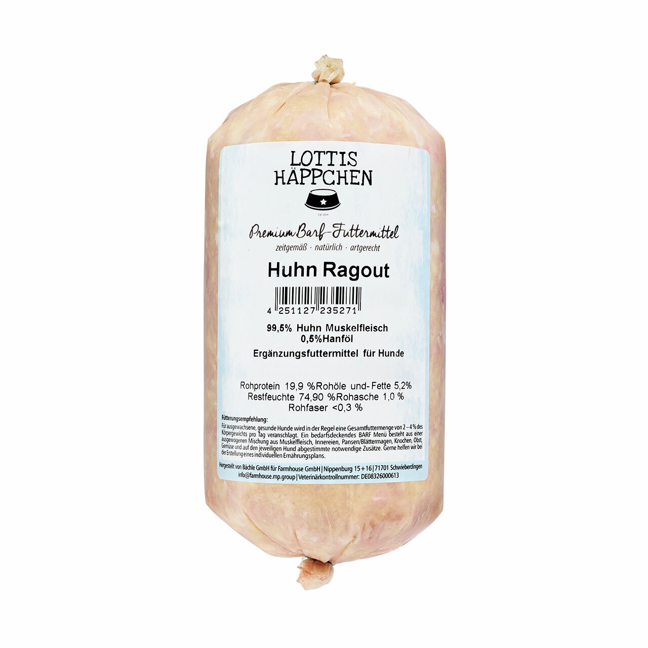 Lottis Häppchen Huhn Ragout, Premium-BARF für Hunde, 99,6 % Hühner-Muskelfleisch, 0,5 % Hanföl, 500 g, artgerecht & natürlich.