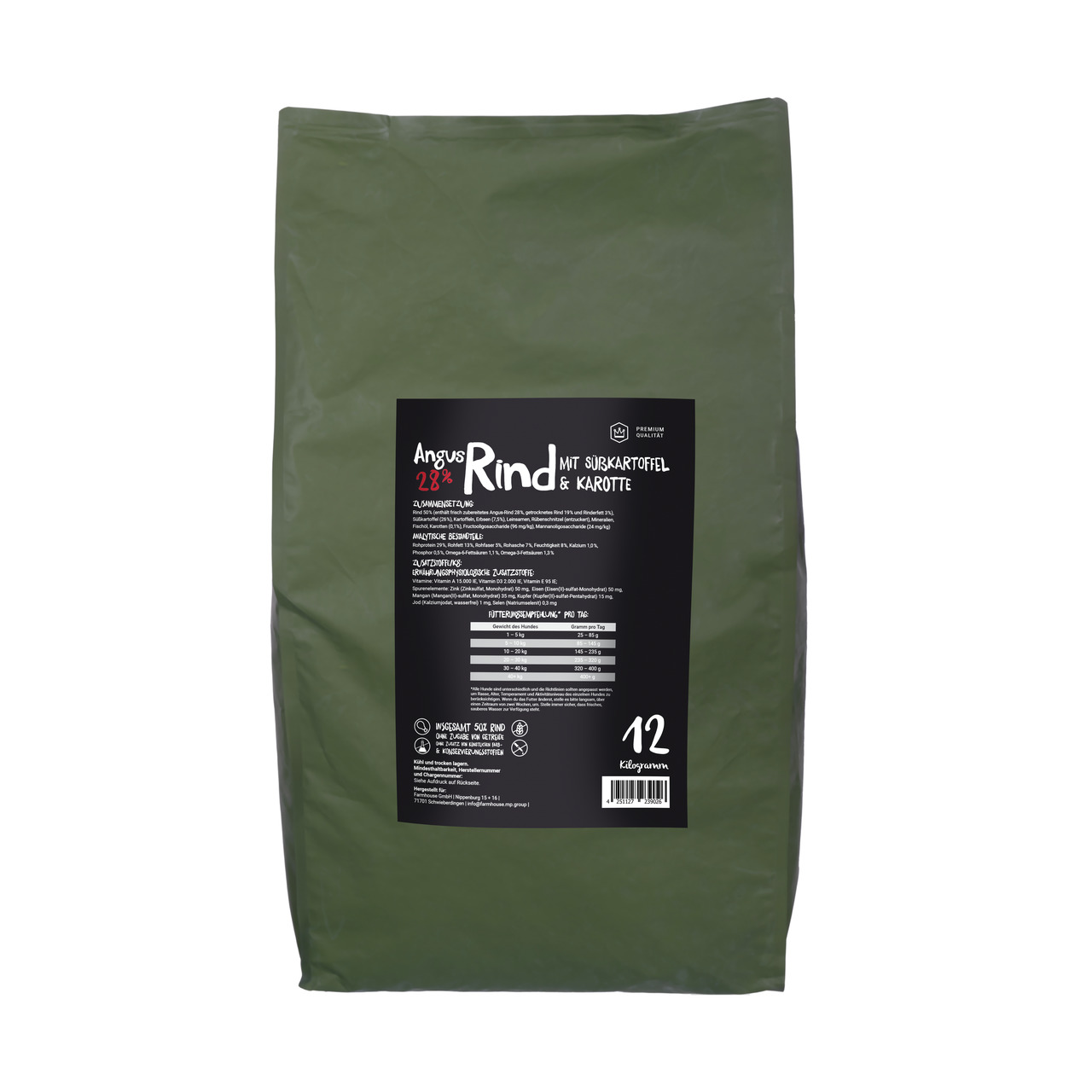 Premium Petfood Angus Rind 28% mit Süßkartoffel & Karotte, für Hunde, 12 kg Trockenfutter, Rind mit Gemüse, ausgewogene Ernährung.