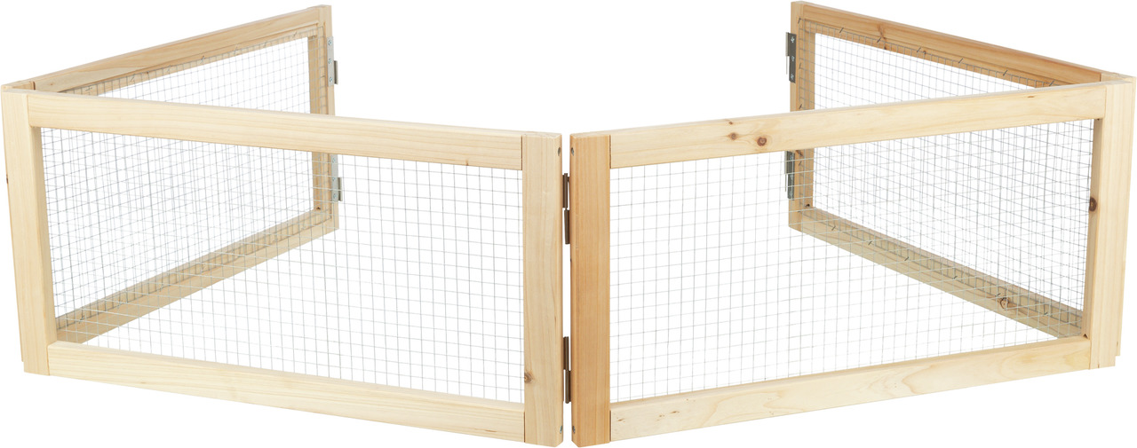 Holzfreilaufgehege von TRIXIE für Kleintiere wie Kaninchen oder Meerschweinchen. Das Gehege besteht aus vier Holzrahmen mit Drahtgitter, die flexibel aufgestellt werden können. Ideal für den Außenbereich, um Tieren sicheren Auslauf zu bieten. Maße und Det