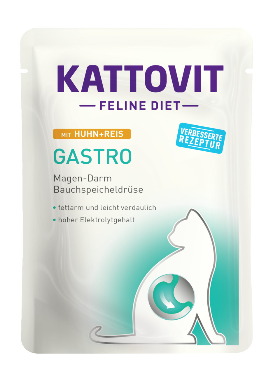Kattovit Feline Diet Gastro, Huhn & Reis, für Katzen mit Magen-Darm-/Pankreasproblemen, fettarm, leicht verdaulich, 85 g.