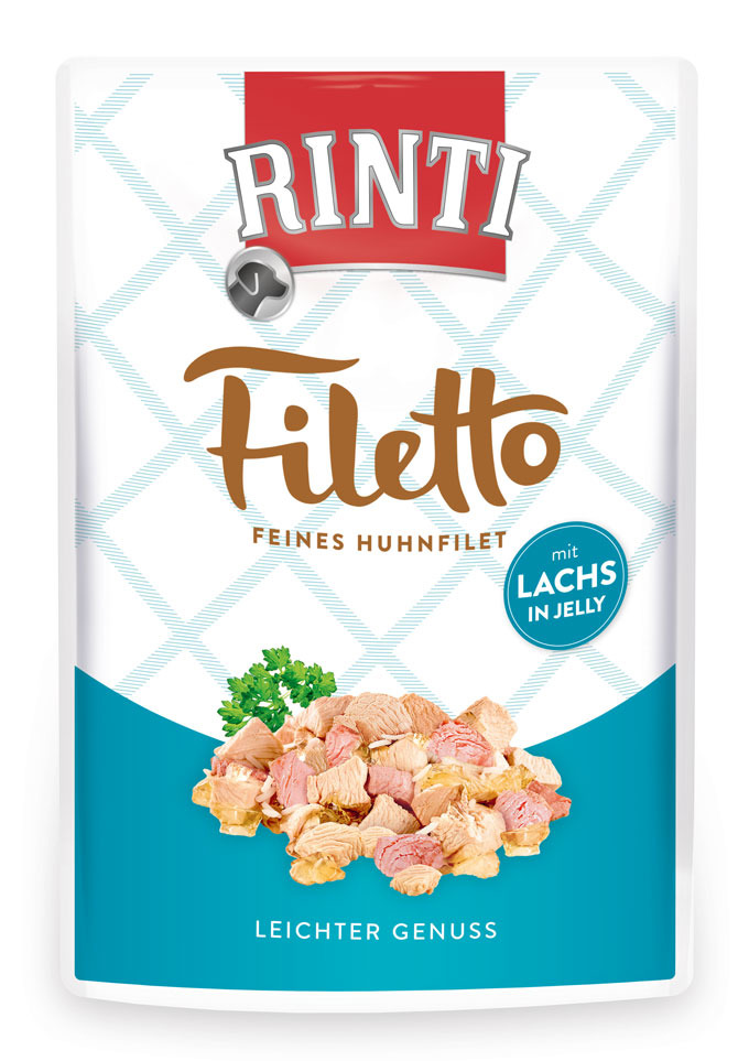 RINTI Filetto Feines Huhnfilet & Lachs in Jelly, für Hunde, Geschmacksr. Huhn & Lachs, „Leichter Genuss“.