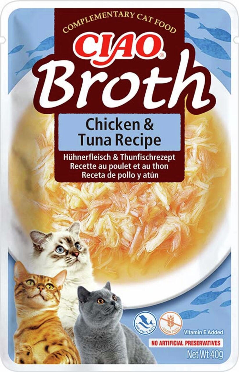 Ciao Broth Hühnerfleisch & Thunfisch, Katzensnack, für Katzen, ohne künstliche Konservierungsstoffe, 40 g.