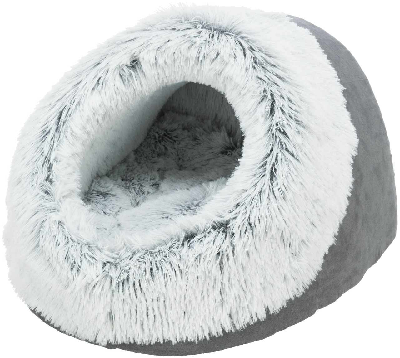 Das Bild zeigt das TRIXIE Kuschelbett für Katzen und kleine Hunde in einer Höhlenform. Es ist grau mit einem flauschigen, weißen Plüschrand und bietet eine gemütliche Rückzugsmöglichkeit für Haustiere. Das Bett ist ideal für Tiere, die Wärme und Geborgenh