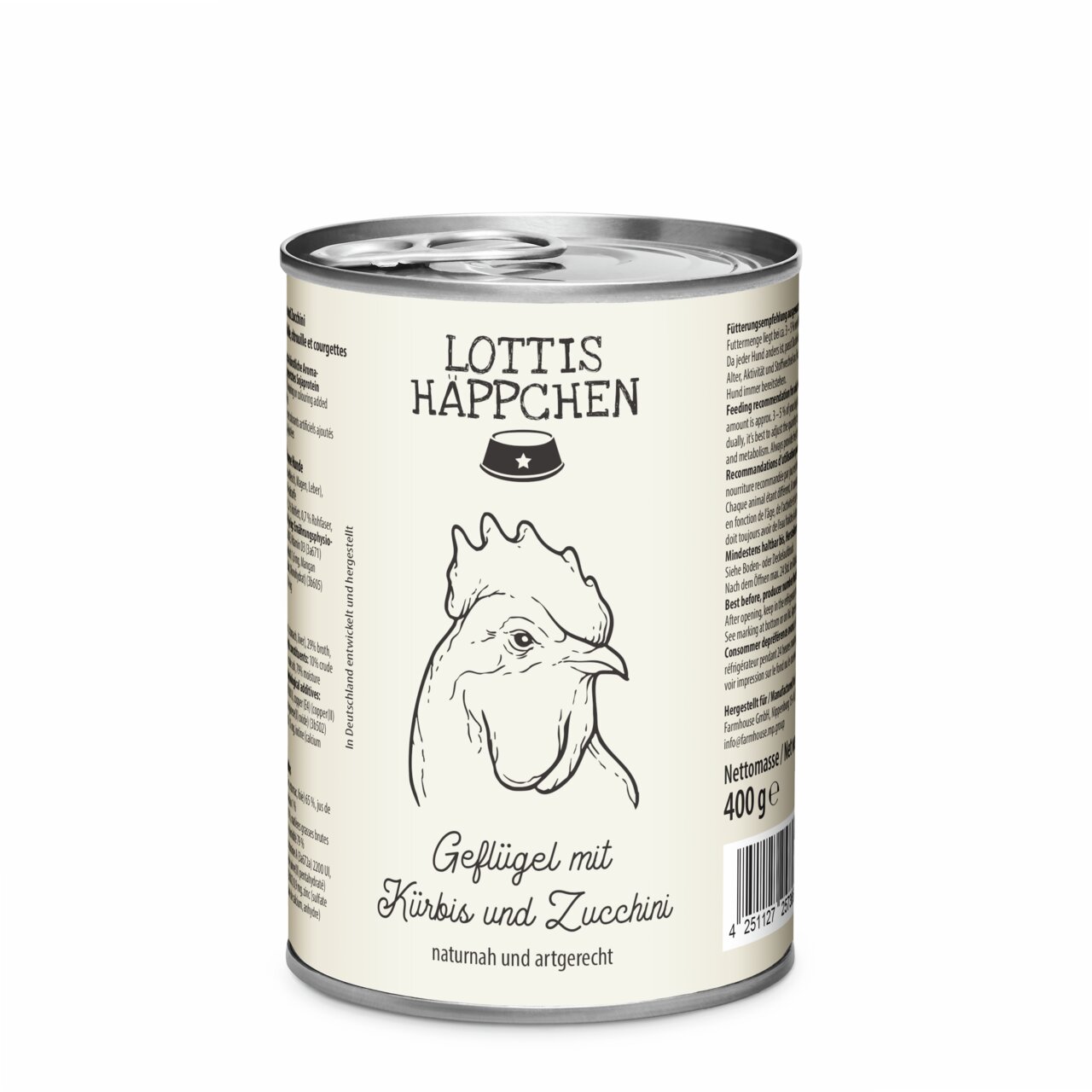 Dose „Lottis Häppchen Geflügel mit Kürbis und Zucchini“, Hunde-Nassfutter, natur- und artgerecht, 400 g Nettomasse.