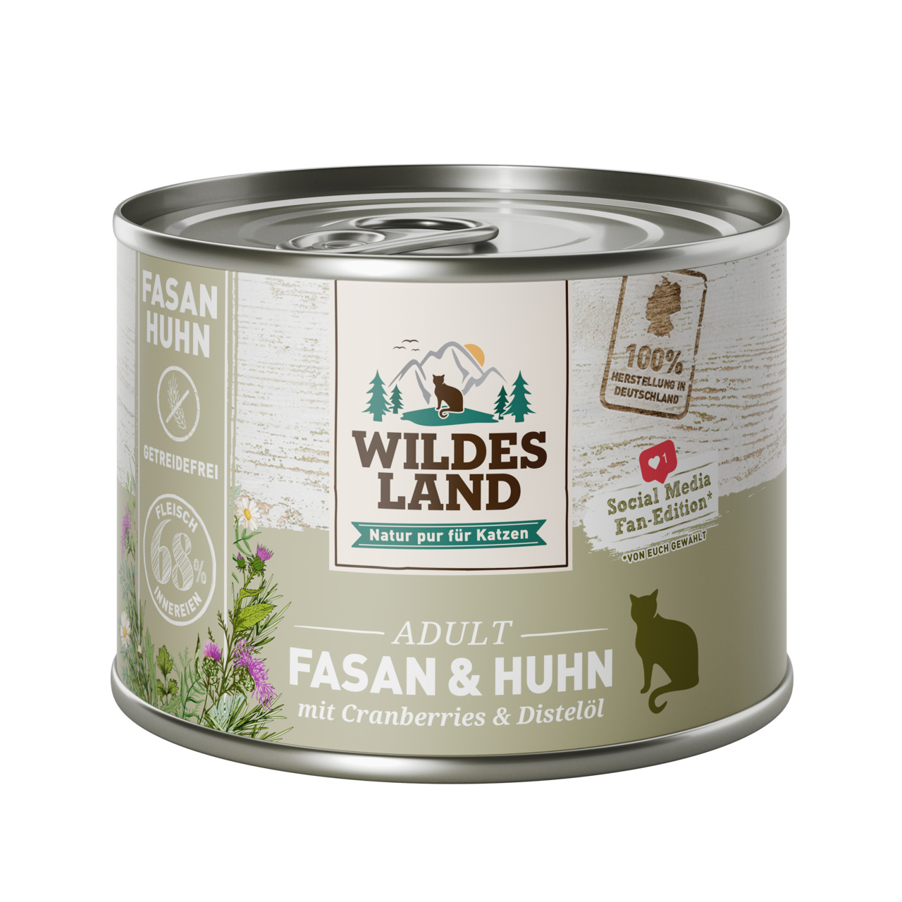 Das Bild zeigt eine Dose Katzenfutter der Marke Wildes Land mit der Geschmacksrichtung Fasan & Huhn. Es handelt sich um ein getreidefreies Produkt für ausgewachsene Katzen (Adult) mit 68 % Fleischanteil, verfeinert mit Cranberries und Distelöl. Die Verpac