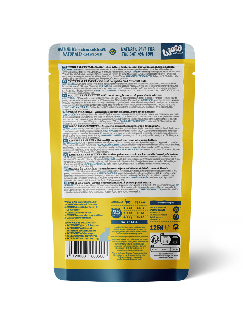 WOW CAT Katzenfutter Huhn & Garnele, für ausgew. Katzen, 125 g, ohne Getreide, künstl. Farb-/Konservierungsstoffe, Recyclinghinweise.