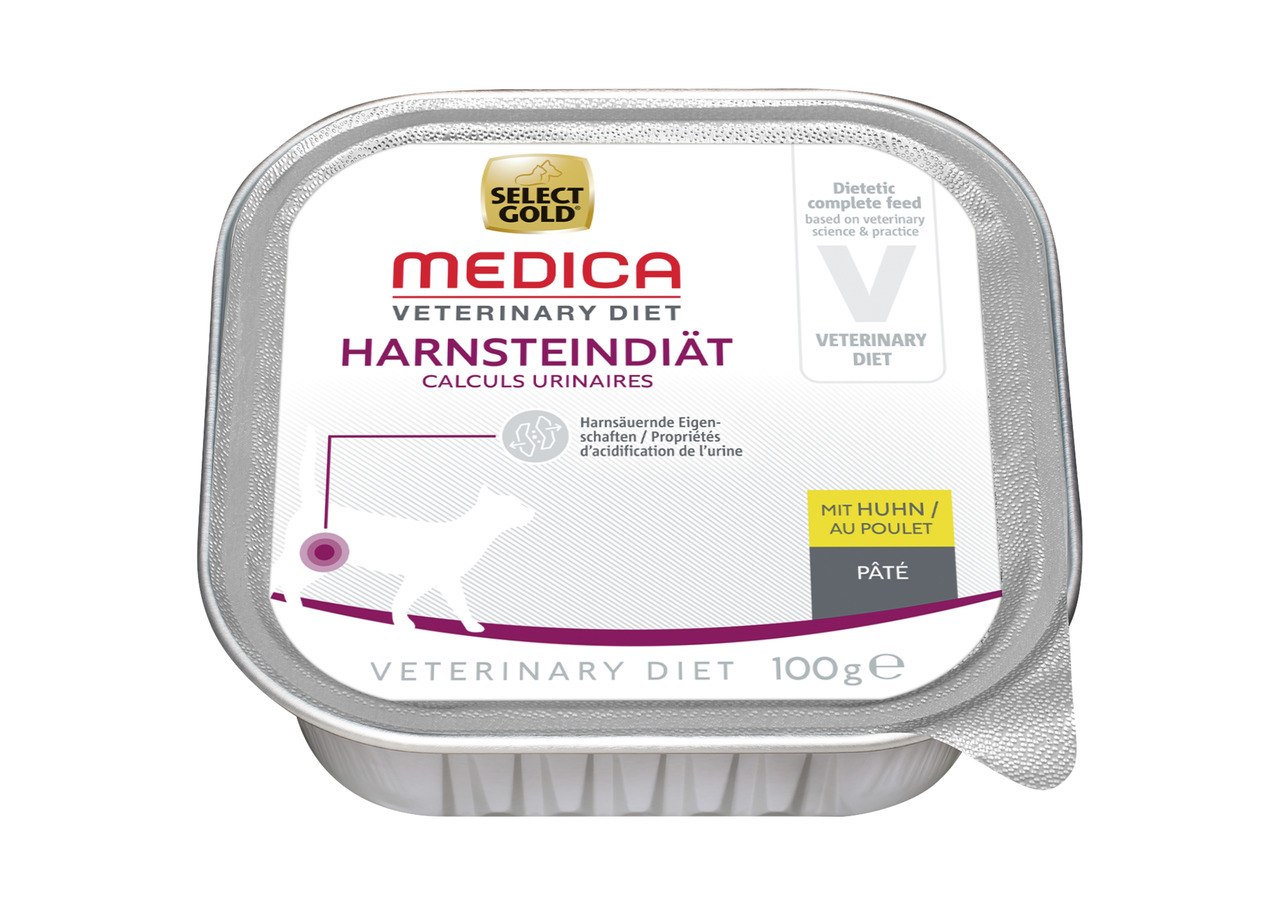 Das Bild zeigt eine quadratische Schale mit Nassfutter der Marke Select Gold. Es handelt sich um das Produkt "Medica Veterinary Diet Harnsteindiät" für Katzen. Die Geschmacksrichtung ist Huhn, und die Packungsgröße beträgt 100 g. Das Futter ist speziell f