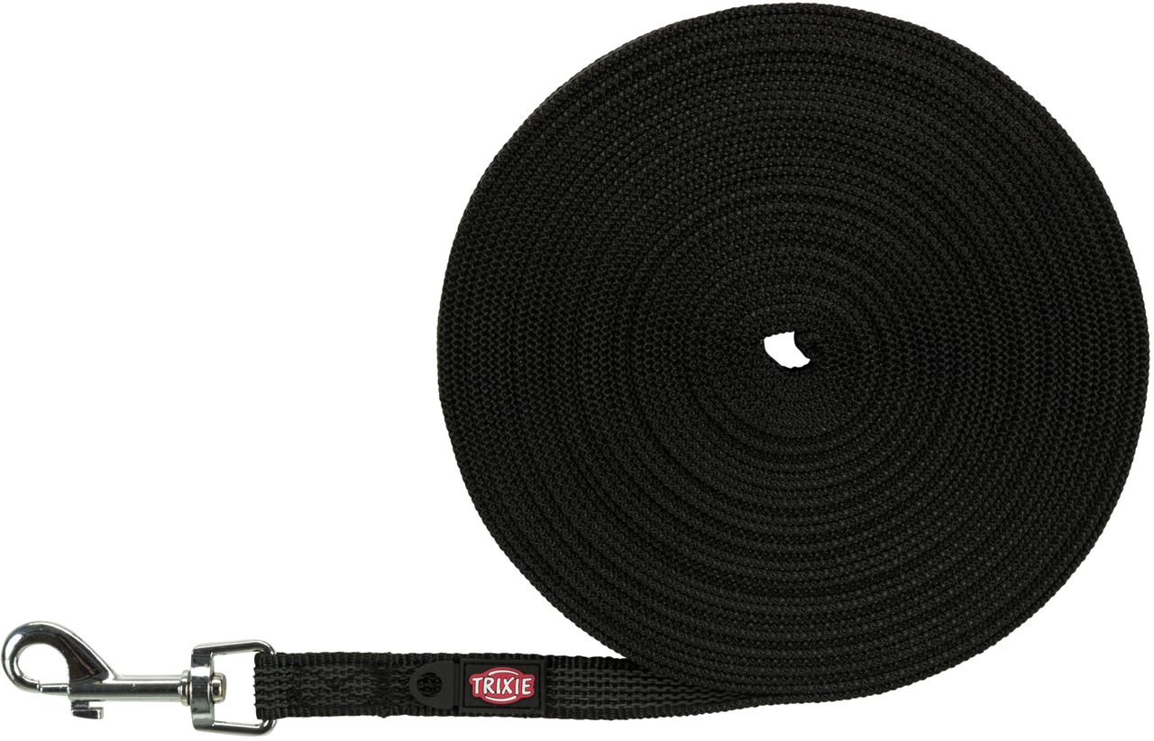Schwarze Schleppleine TRIXIE, für Hunde, robustes Nylon, ideal für Training-Freilauf, stabiler Metallkarabiner.