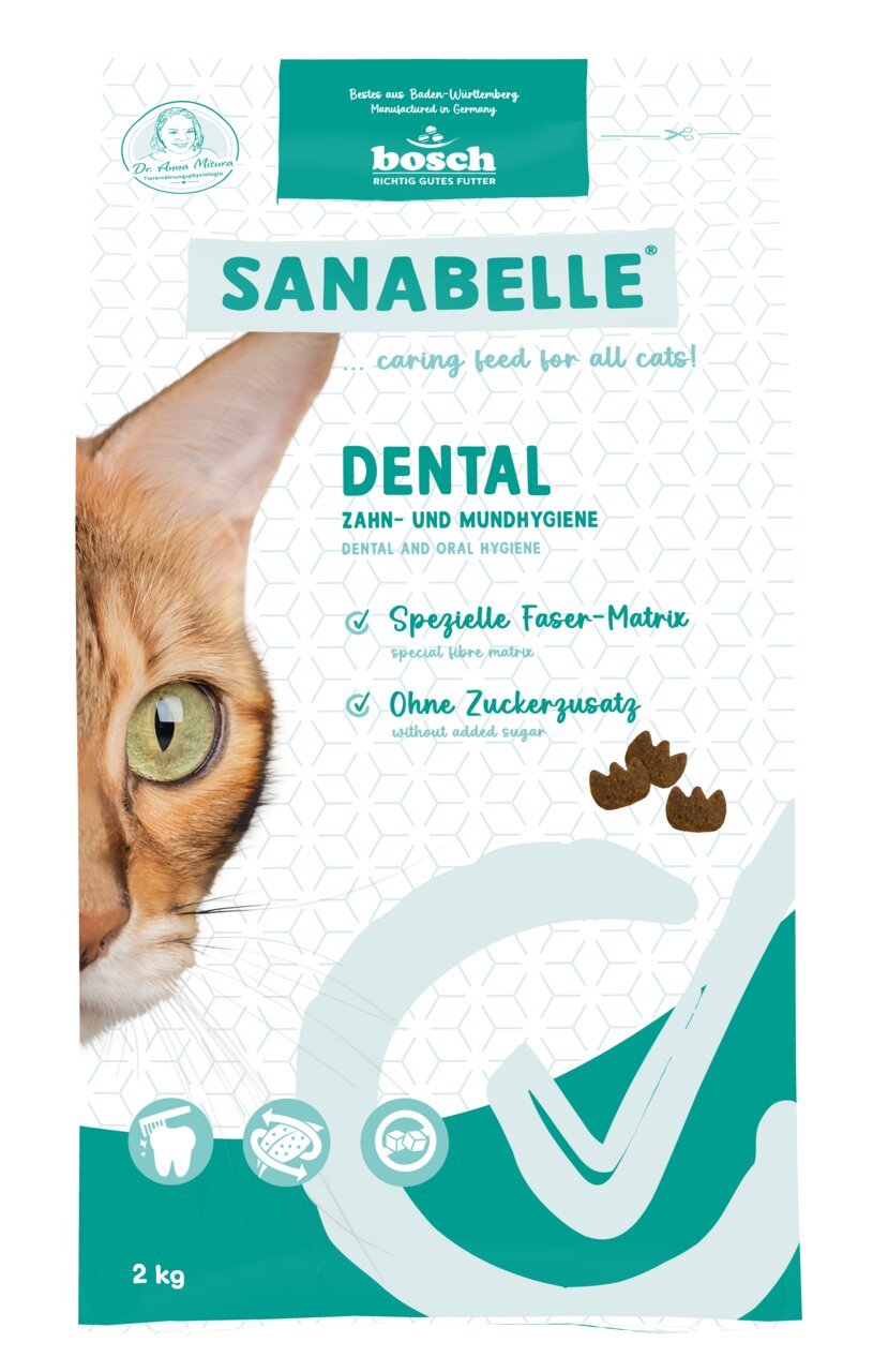 Das Bild zeigt eine 2-kg-Packung des Katzenfutters „Sanabelle Dental“ von der Marke Bosch. Es ist speziell für Katzen entwickelt und unterstützt die Zahn- und Mundhygiene. Die Verpackung hebt eine spezielle Faser-Matrix hervor und betont, dass das Produkt