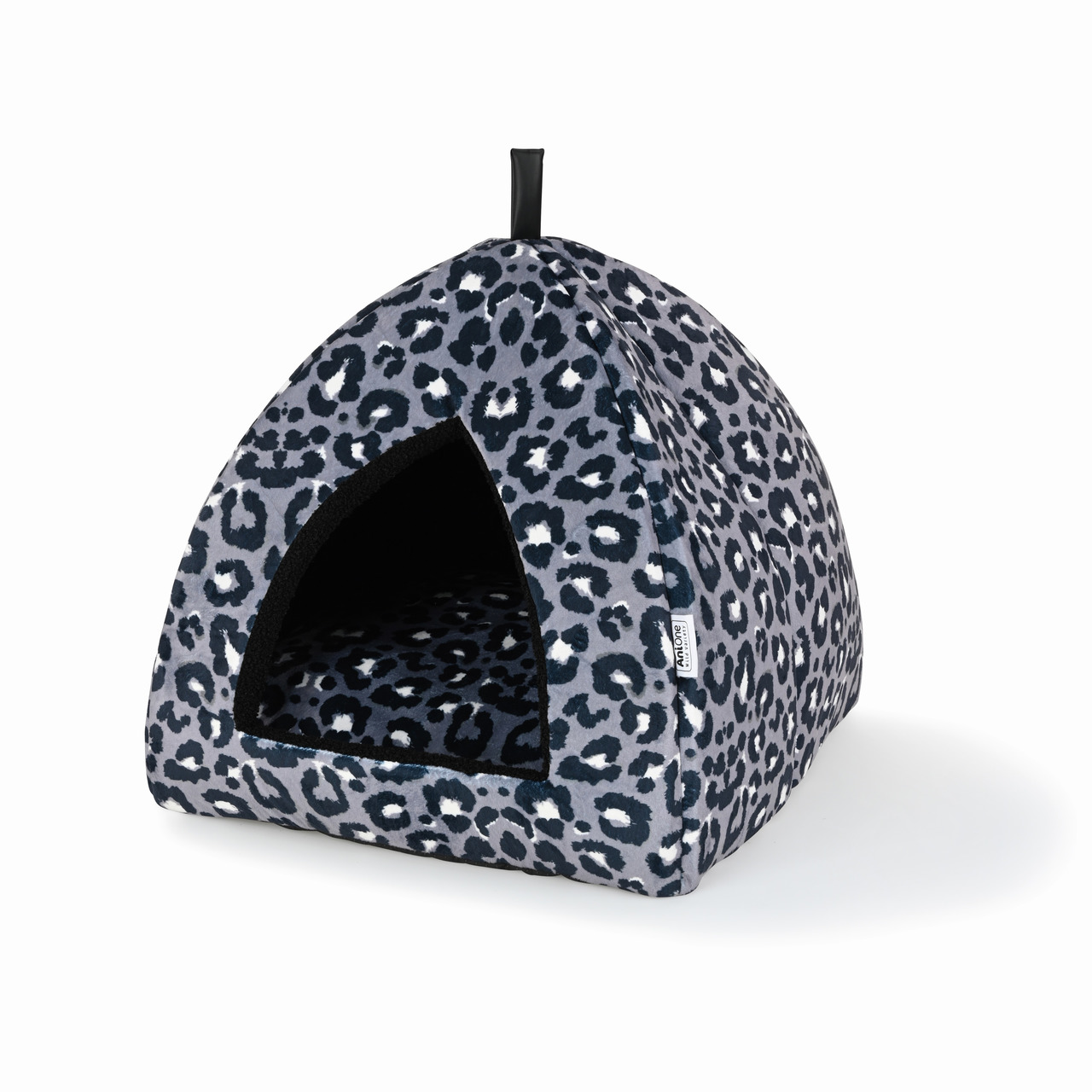 AniOne Katzenbett, Zeltform, Leopardenmuster (Grau/Schwarz), für Katzen, gemütl. Rückzugsort, weiches Material, idealer Komfort.