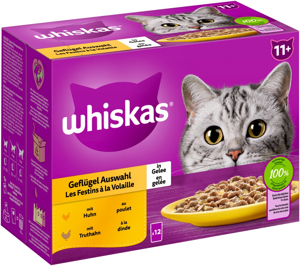 Whiskas Geflügel Auswahl in Gelee, Katzen ab 11 J., Huhn & Truthahn, 12x Portionsbeutel, 100 % hochwertige Zutaten.
